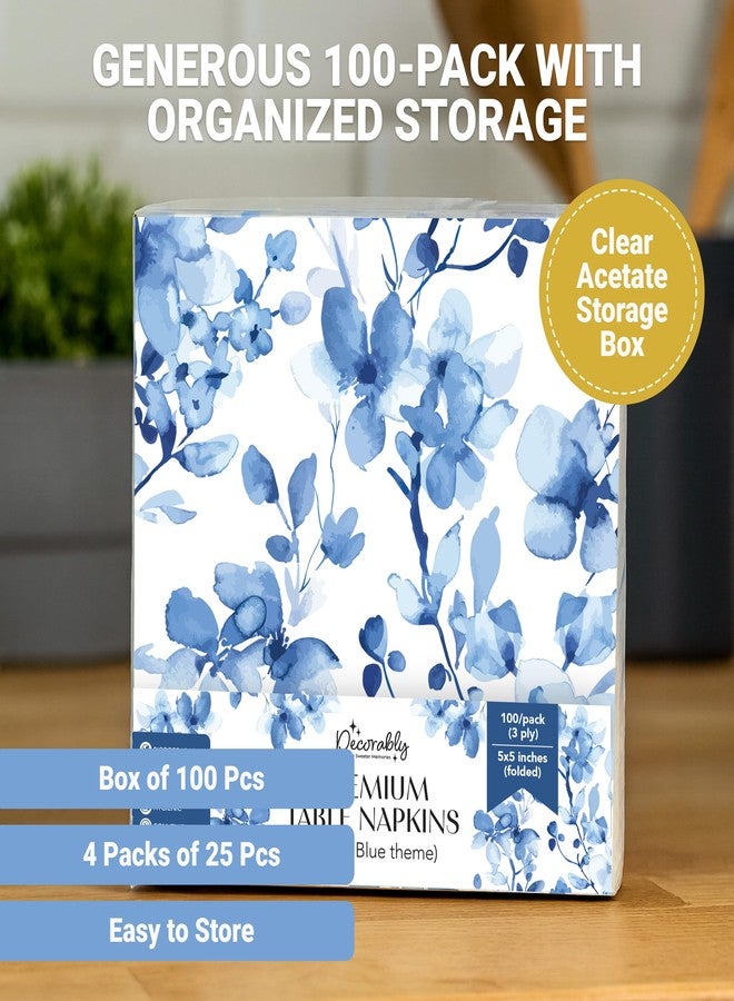 Decorably 3-Ply 100 Pack Disposable Blue Floral Cocktail Napkins Paper - 5x5in Folded Square, for Beverage, Appetizers, Dinner, Tea Party, Garden Party, Bridal and Baby Shower, Birthday, Wedding - Image 5